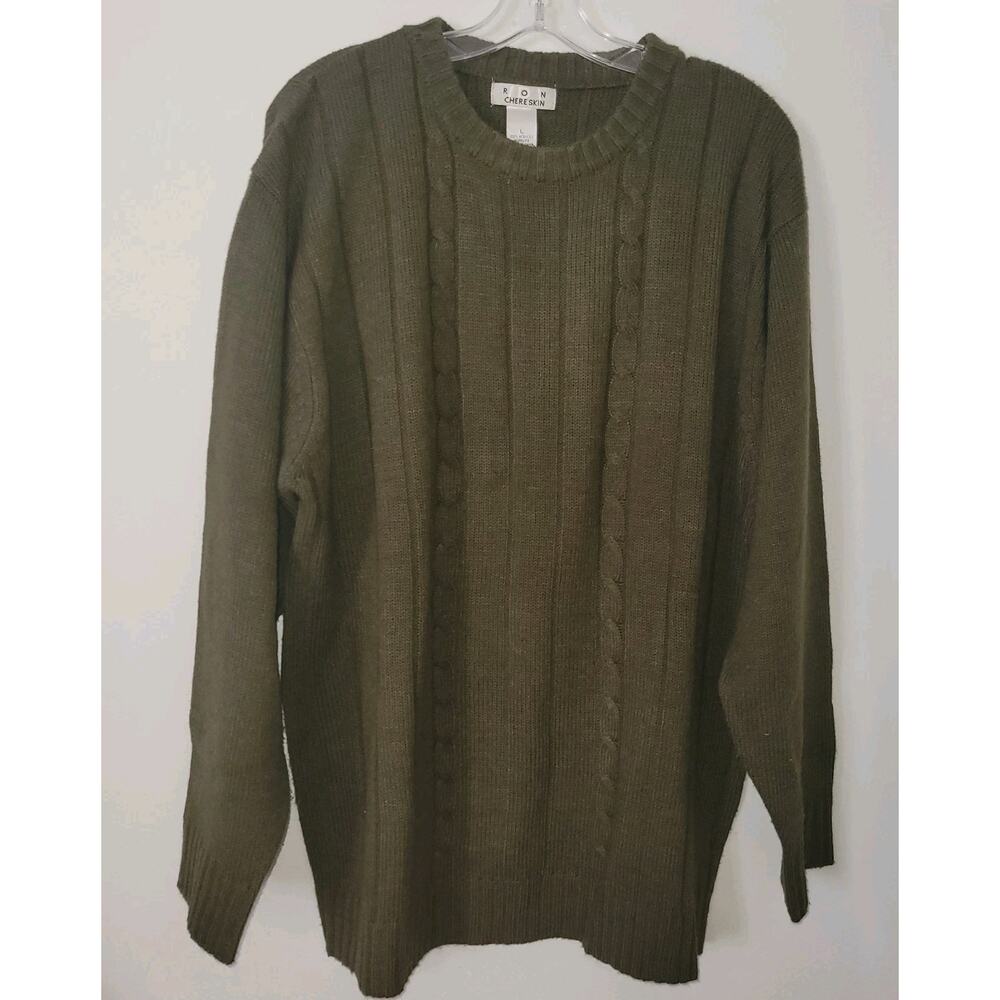 Vintage Ron Chereskin Mens Olive Green Cable Knit Crewneck Sweater Size Large